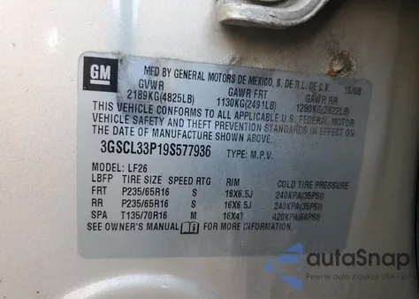 2009 Saturn Vue Xe z USA, uszkodzony, nr VIN 3GSCL33P19S577936